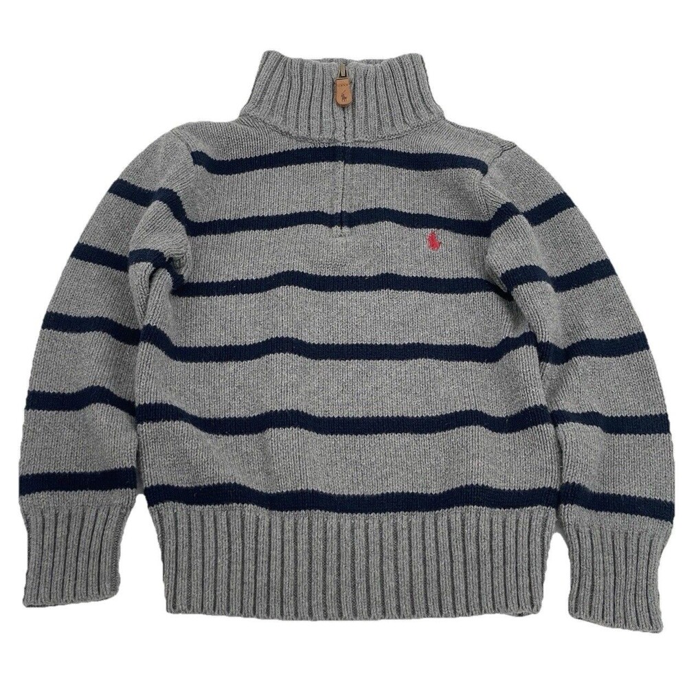 Polo Ralph Lauren Boys Size 6 Gray Striped Quarter Zip Sweater Pony Logo